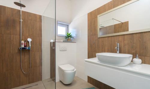 a bathroom with a sink and a toilet and a shower at Apartman LIS in Pomer