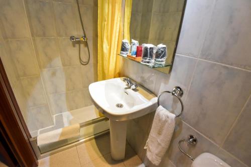 La salle de bains est pourvue d'un lavabo, d'une douche et d'un miroir. dans l'établissement Albergue Cueva de Valporquero, à Vegacervera