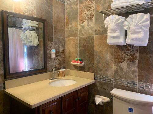 a bathroom with a sink and a mirror and a toilet at White House by White River in Ocho Rios