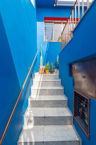 a stairway with blue walls and blue stairs at Hostel Casa Azul in Sao Paulo