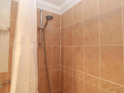 a shower with a shower curtain in a bathroom at 1 Kents Mews in Torquay