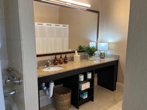 baño con lavabo y espejo grande en Hawthorn Suites by Wyndham West Palm Beach en West Palm Beach