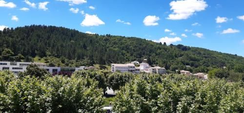 a view of a mountain with trees and buildings at Côté Place in Riez