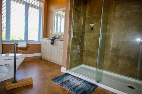 a bathroom with a shower and a toilet and a sink at Chalet Au petit Édouard (Mont Édouard) in LʼAnse-Saint-Jean