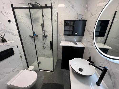een badkamer met een douche, een toilet en een wastafel bij Stone Hill SPA by Clima Apartment in Szklarska Poręba