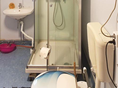 een badkamer met een douche, een toilet en een wastafel bij Holiday home HÖKERUM II in Hökerum
