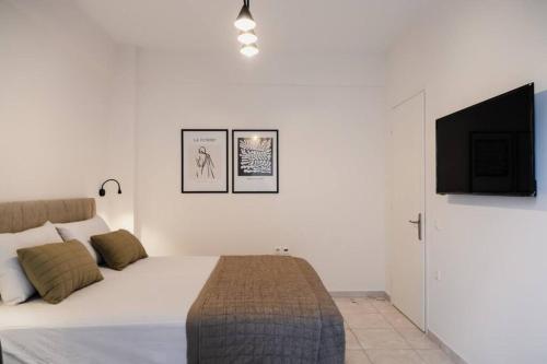1 dormitorio con 1 cama y TV de pantalla plana en Alexandros Apartments, en Mesolongi