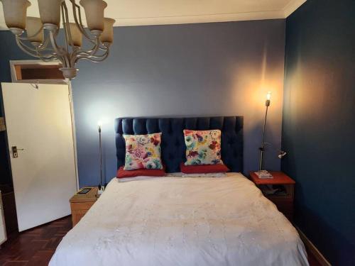 a blue bedroom with a bed with two pillows at Melvilla House in Johannesburg
