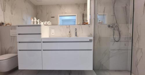 y baño con lavabo blanco y ducha. en Luxury Penthouse Apartment, en Žďár nad Sázavou