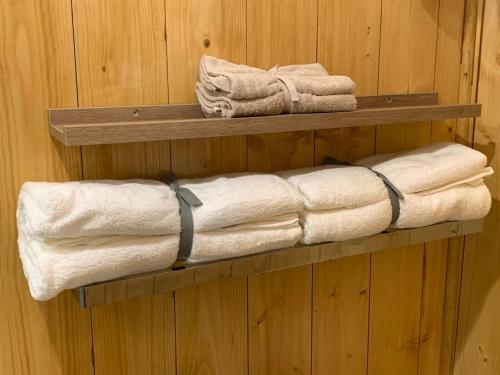 a wooden shelf with towels on a wooden wall at chalet paradisiaque en bord de Marne Proche de Disneyland in Isles-lès-Villenoy