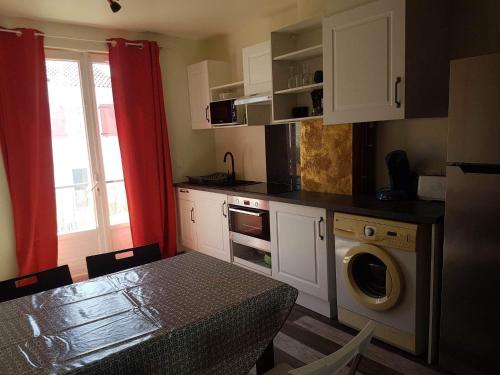 聖母山的住宿－Appartement bord de mer，厨房配有桌子和洗衣机。