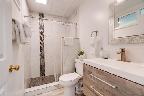 a bathroom with a toilet and a sink and a shower at Unit 16 Maui Ohana Modern Studio in Wailuku