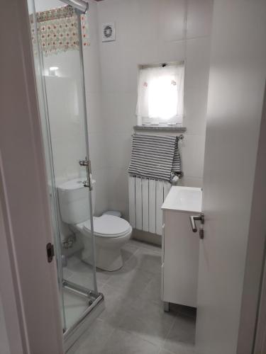 La salle de bains blanche est pourvue de toilettes et d'un lavabo. dans l'établissement Casa do Serrinho, à Seia