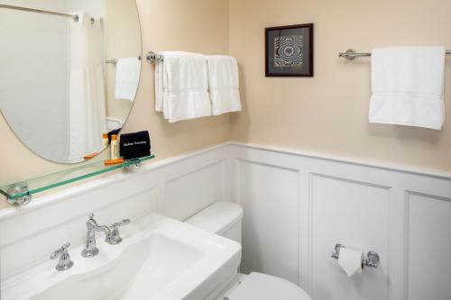 a bathroom with a sink and a mirror and a toilet at Historic Boone Tavern in Berea