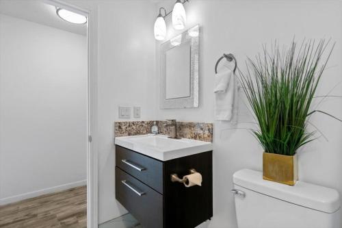a bathroom with a sink and a toilet and a mirror at Unit 19 Maui Ohana Modern Studio in Wailuku