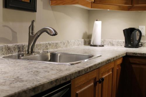 a kitchen counter with a sink and a roll of paper towels at Marblewood Village Resort in Steady Brook
