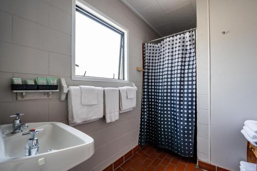 uma casa de banho com um lavatório e um chuveiro em Dawsons Hotel em Reefton