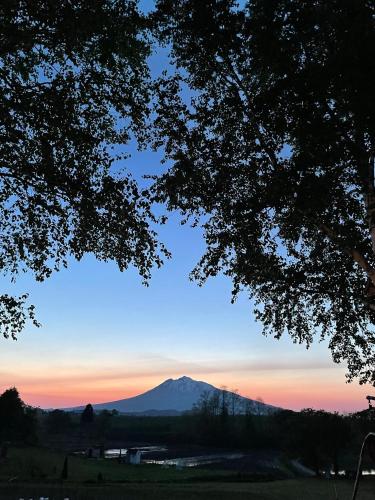 a view of a mountain at sunset from between two trees at Agri In Holiday in Hirosaki