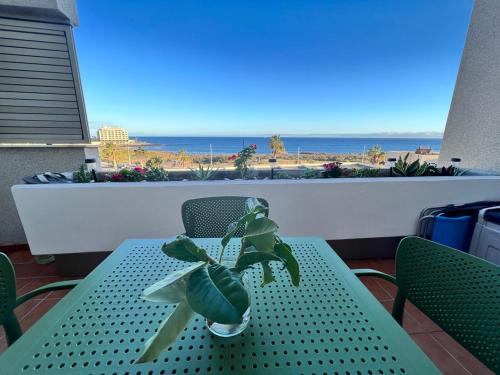 a table with a potted plant on a balcony with the beach at Seafront Medano Marina View in El Médano