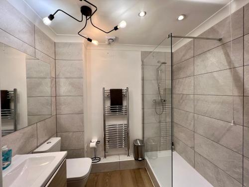 a bathroom with a shower and a toilet and a sink at Mango Tree Apartment in Cambridge