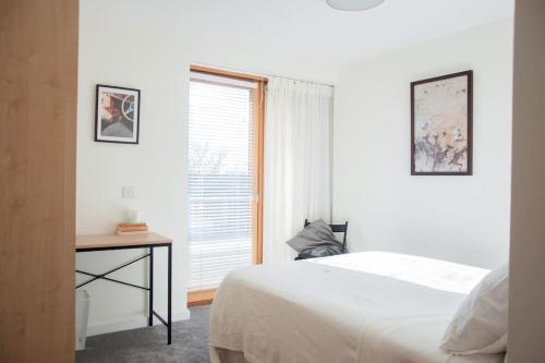a white bedroom with a bed and a window at 2 bed 2 bath Apartment with Canal View in Dublin