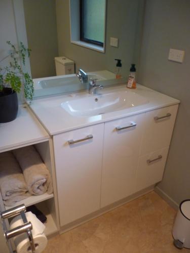 a bathroom with a white sink and a mirror at Picton Country Hideaway in Picton