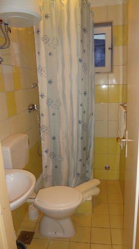 a bathroom with a toilet and a shower curtain at Apartments Danijela in Tribunj