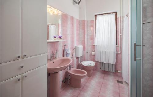 a pink bathroom with a toilet and a sink at Nice Apartment In Nedescina With Wifi in Nedeščina