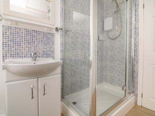 a bathroom with a sink and a shower at Courtyard Cottage in Chittlehampton
