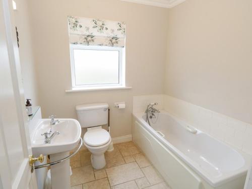 a bathroom with a toilet and a tub and a sink at Springwood Cottage in Louisburgh