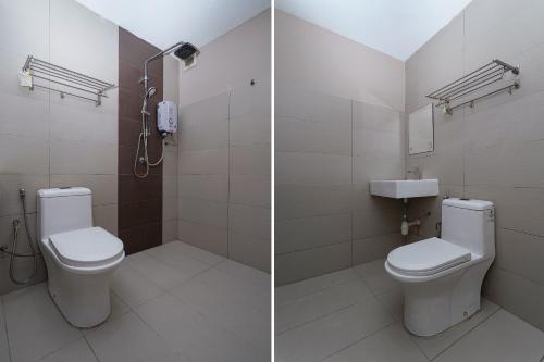 two pictures of a bathroom with a toilet and a sink at Super OYO 90729 New Bangi Gateway Hotel in Bangi