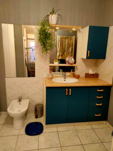 a bathroom with a sink and a toilet at Cité de caractère médiéval in Fresnay-sur-Sarthe