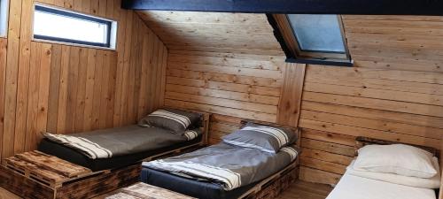 two beds in a room with wooden walls at Enklawa w Porębie in Długopole-Zdrój