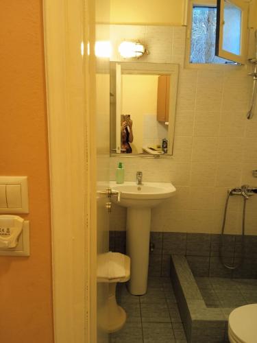een badkamer met een wastafel, een toilet en een spiegel bij Kouvaras Apartments in Kýthira