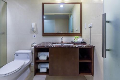 a bathroom with a sink and a toilet and a mirror at CHECK inn Taipei Neihu in Taipei