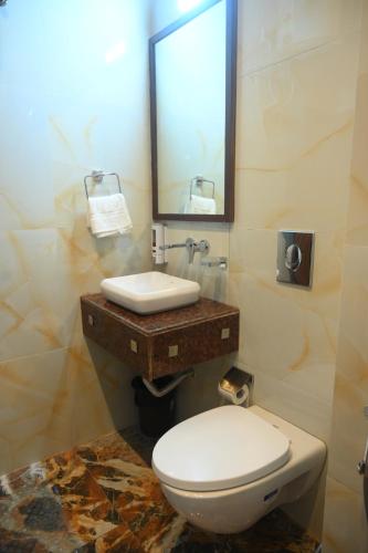 uma casa de banho com um WC, um espelho e um lavatório. em Kafal Gates em Lansdowne
