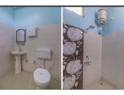 2 fotos de un baño con aseo y lavabo en Morning Mist Homestay, Lansdowne, en Lansdowne