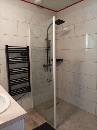une douche avec une porte vitrée dans une salle de bain dans l'établissement Le mas de la Treille, à Asnières-en-Poitou