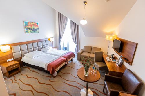 una habitación de hotel con una cama y un sofá en Hotel Olivia Medical SPA, en Skomielna Czarna