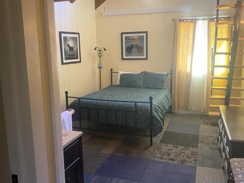 a bedroom with a bed with a green comforter at The Viking Lodge - Downtown Winter Park Colorado in Winter Park