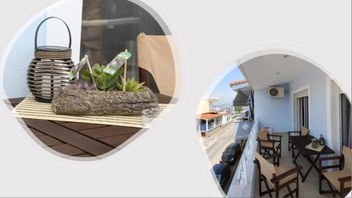 a view of a balcony with a table with plants at Eltha Apartment in Keramotí