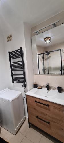 ein Bad mit einem Waschbecken und einem Spiegel in der Unterkunft Nina studio 5 Places avec vue sur la baie au pied des commerces Classé 3 étoiles in Pornichet
