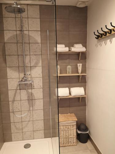 a bathroom with a shower with towels on shelves at La Tour D'Elaine in Essertenne