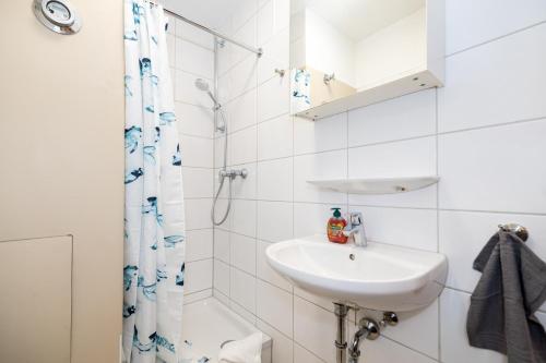 a white bathroom with a sink and a shower at Nettes Apartment mit Terrasse in Würzburg