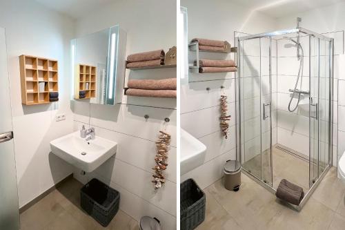Ένα μπάνιο στο fewo1846 - Strandresidenz Wassersleben UferNest - modernes Studioapartment mit Balkon am Strand
