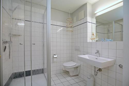 uma casa de banho com um WC, um lavatório e um chuveiro em Feriendorf Papillon Wohnung 10-3 em Boltenhagen