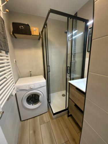 une machine à laver dans une salle de bain avec douche dans l'établissement appartement T2 climatisé avec piscine secteur richelieu, au Cap d'Agde