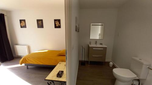 a bedroom with a bed and a toilet and a sink at La Maison du Lac in Flavignac