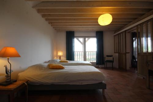 a bedroom with a large bed and a large window at La Charbonnière in Tracy-sur-Loire