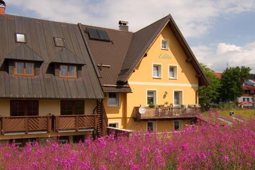 a building with purple flowers in front of it at Ubytování Edita in Boží Dar
